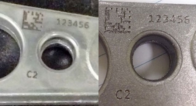 Aluminum sample before and after being subjected to shot blasting (shallow engraving)