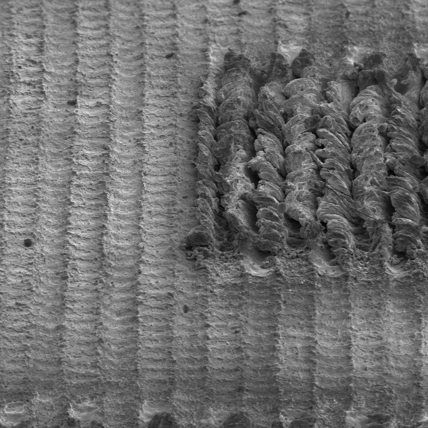 Celdas de un código de matriz de datos grabadas en una superficie de aluminio, vistas con un microscopio electrónico. Una parte de la superficie muestra reflexiones difusas causadas por pequeños cambios en la rugosidad. Otra parte de la superficie muestra una absorción causada por cambios caóticos en la rugosidad.