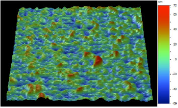 Figure 4. 3D image of the surface of the sample treated with the following parameters: temperature: 25 °C, FL:420 mm, speed: 300 mm/s, line spacing: 0.125 mm, contrast: 110.3.