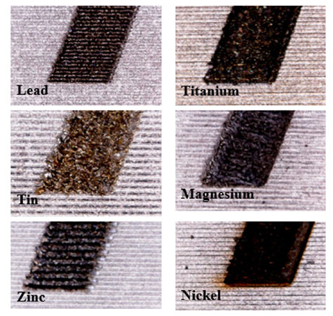 Figure 5: Microscopic images of the blackening and whitening of different metals.