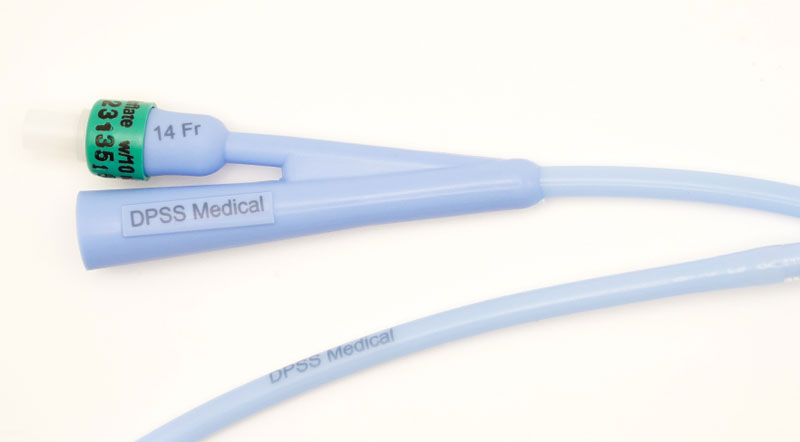 Laser markings on a blue catheter
