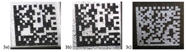Figure 3 - Pictures of Data Matrix Codes after E-coating with a white background (a), without a white background (b and c), and with a cell size of 1 mm.