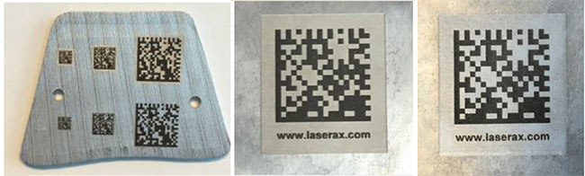 Figure 2 - Laser marks after chromate coating (left), before (middle), and after (right) T6/T7 heat treatment.