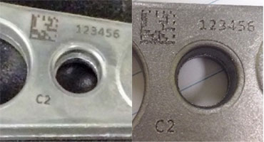 Figure 9: Photo of a marking before treatment (left) and after shot blast with S170 balls (center).