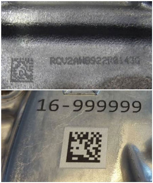 Figure 1 - Pin stamped (top) and Laser marked (bottom) identifiers on aluminum die casting