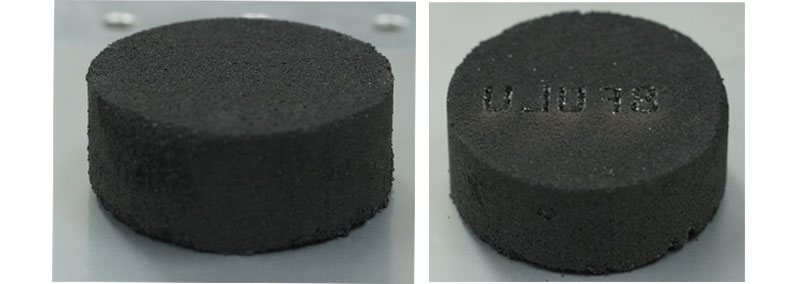 Sand puck samples before and after laser marking. Identifiers are mirrored to appear properly on the final casting.