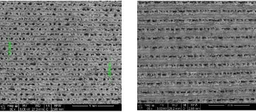 Figure 6. SEM images of a blackened sample at 25 °C with a line spacing of 0.125 mm on the left and 0.225 mm on the right.