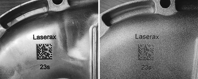 Figure 3: Photos of a DMC etched using Laserax’s shotblast resistant marking a) before shotblast and b) after shotblast