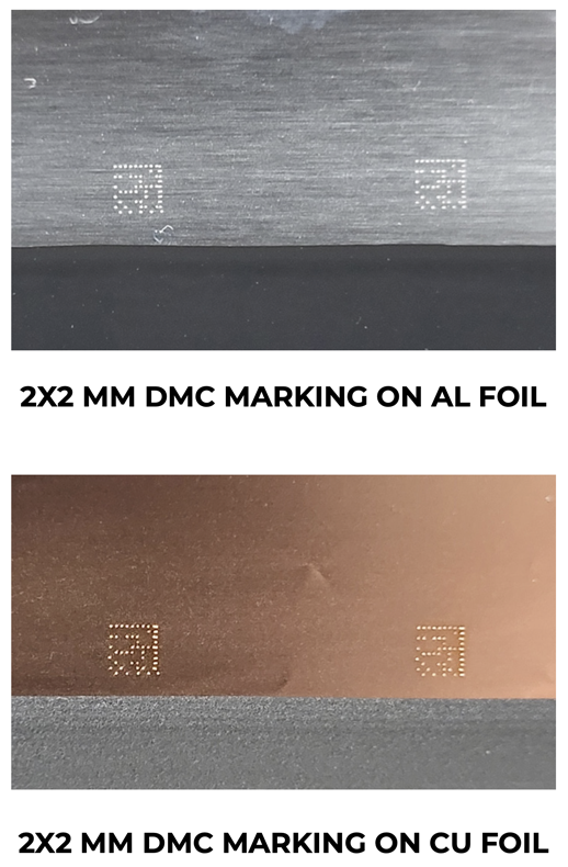 (Top) A 2x2 mm data matrix code laser marked on aluminum foil. (Bottom) A 2x2 mm data matrix code laser marked on copper foil.