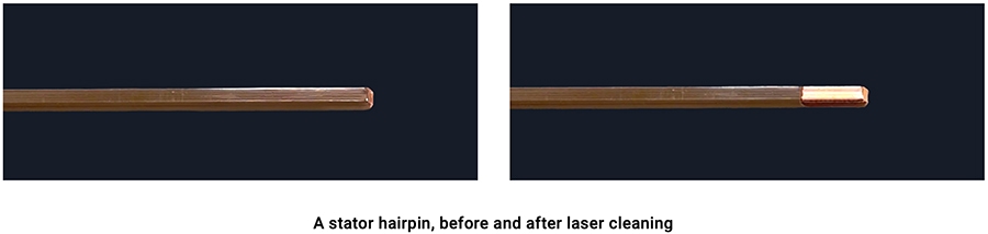 A stator hairpin, before and after laser cleaning