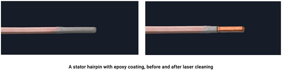 A stator hairpin with epoxy coating, before and after laser cleaning
