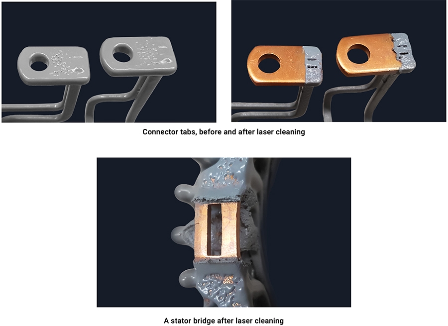 (Top image) Connector tabs, before and after laser cleaning. (Bottom image) A stator bridge after laser cleaning.