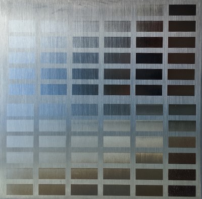 Examples of colors created with laser annealing, shown on a color matrix.