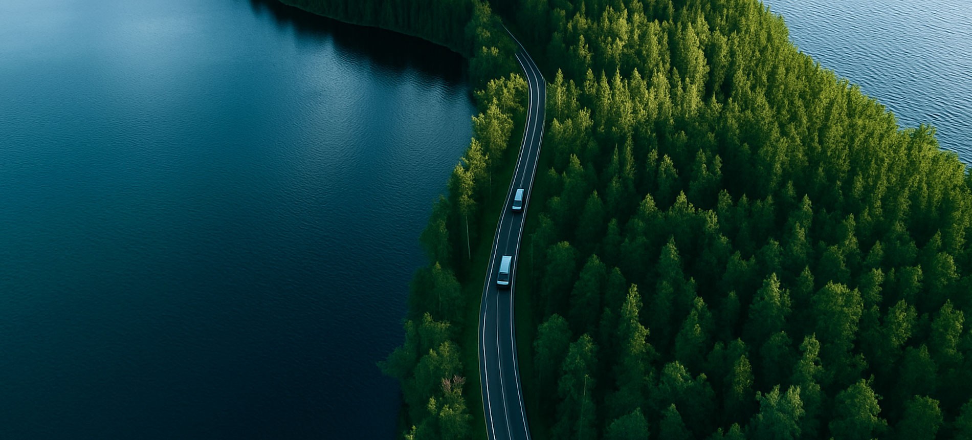 Cars on a road surrounded by forest and water